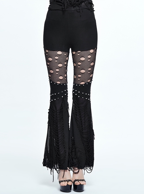 Mesh Broken Holes Rivet Lace-Up Burr Black Knitted Punk Bell-Bottoms Pants
