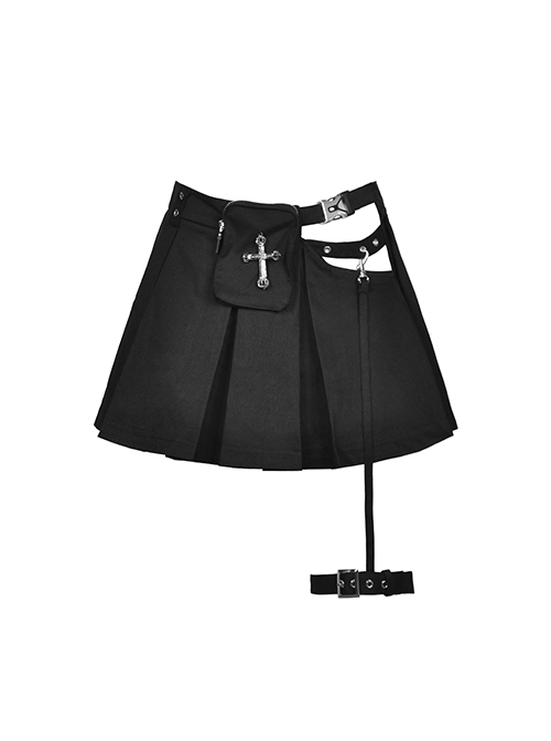 Rebellious Black Simple Pleated Personalized Waist Bag With Adjustable Leg Rings Punk Style Motorcycle Skirt