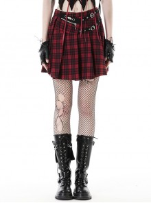 Red Pleated Mesh Waist Double Breasted Belt Punk Style Sexy Skirt