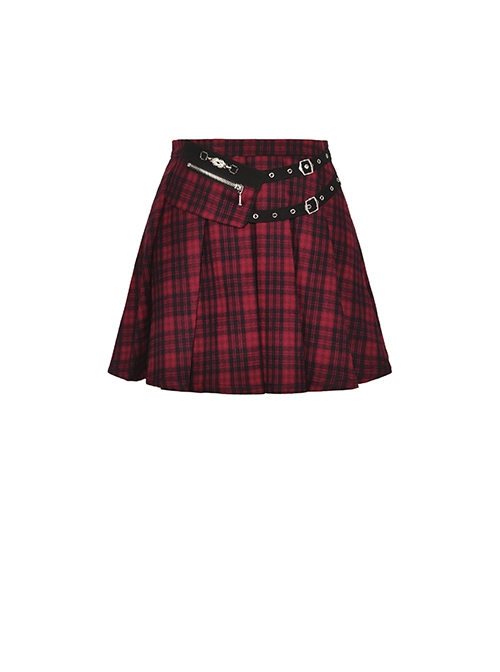 Red Pleated Mesh Waist Double Breasted Belt Punk Style Sexy Skirt