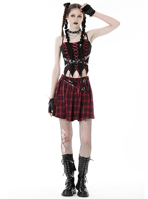 Red Pleated Mesh Waist Double Breasted Belt Punk Style Sexy Skirt