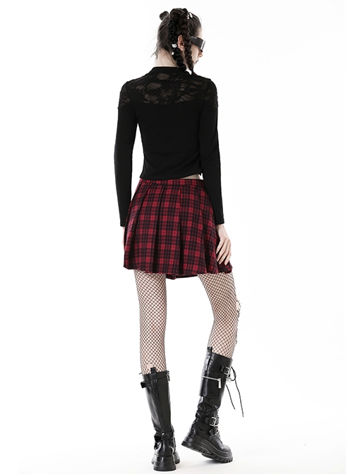 Red Pleated Mesh Waist Double Breasted Belt Punk Style Sexy Skirt