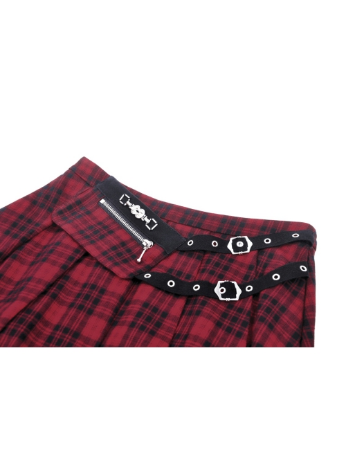 Red Pleated Mesh Waist Double Breasted Belt Punk Style Sexy Skirt