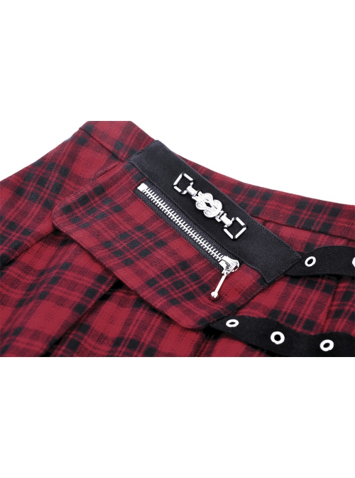 Red Pleated Mesh Waist Double Breasted Belt Punk Style Sexy Skirt