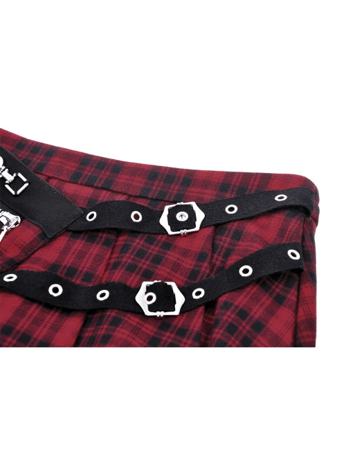 Red Pleated Mesh Waist Double Breasted Belt Punk Style Sexy Skirt