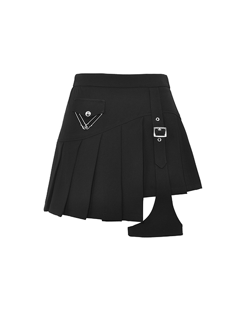 Black Simple Woven Irregular Pleated With Adjustable Leg Rings Punk Style Sexy Skirt