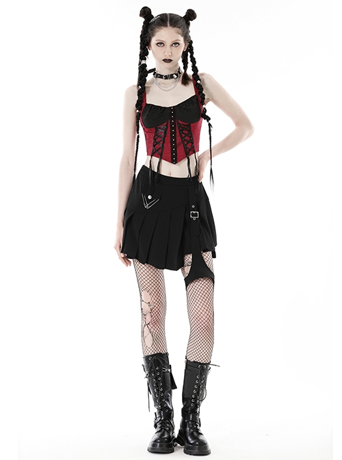 Black Simple Woven Irregular Pleated With Adjustable Leg Rings Punk Style Sexy Skirt