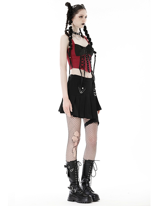 Black Simple Woven Irregular Pleated With Adjustable Leg Rings Punk Style Sexy Skirt