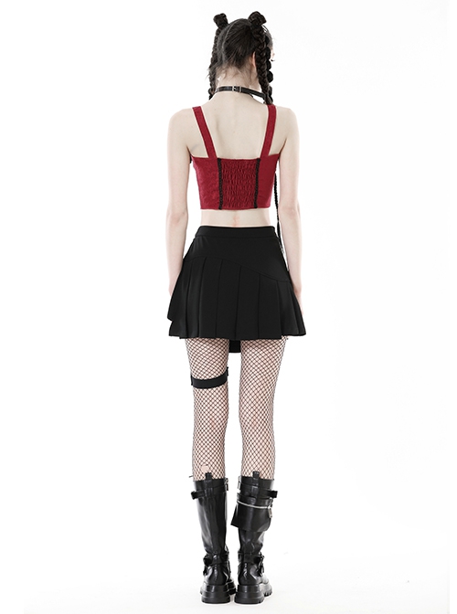 Black Simple Woven Irregular Pleated With Adjustable Leg Rings Punk Style Sexy Skirt
