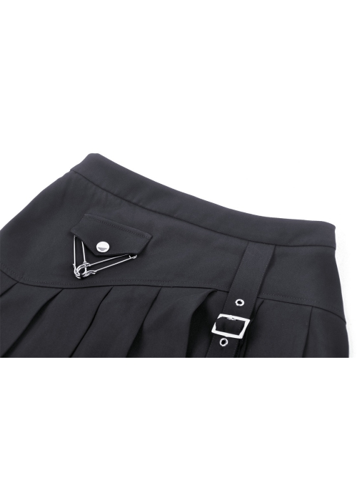 Black Simple Woven Irregular Pleated With Adjustable Leg Rings Punk Style Sexy Skirt