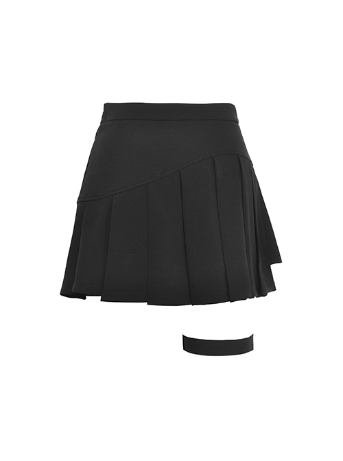 Black Simple Woven Irregular Pleated With Adjustable Leg Rings Punk Style Sexy Skirt