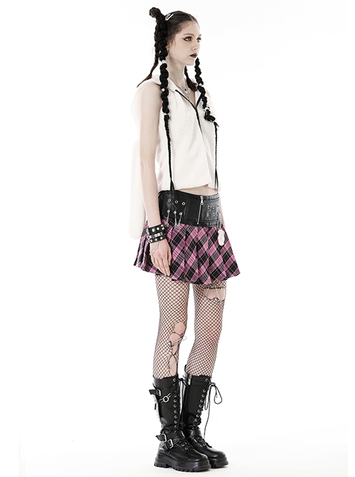 Black And Pink Pu Leather Patchwork Mesh Woven Waist With Bear Charm Punk Style Mini Skirt