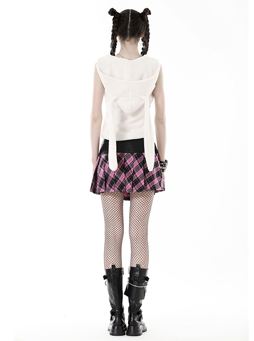 Black And Pink Pu Leather Patchwork Mesh Woven Waist With Bear Charm Punk Style Mini Skirt
