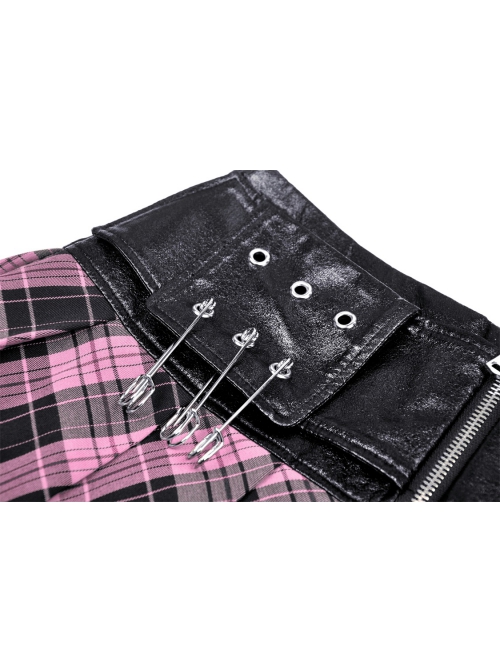 Black And Pink Pu Leather Patchwork Mesh Woven Waist With Bear Charm Punk Style Mini Skirt