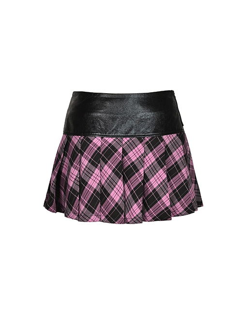 Black And Pink Pu Leather Patchwork Mesh Woven Waist With Bear Charm Punk Style Mini Skirt