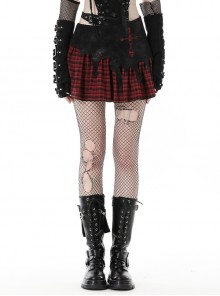Devil's Personality Black And Red Cross Plaid Back Metal Zipper Punk Style Mini Skirt