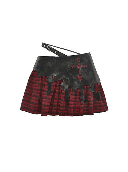 Devil's Personality Black And Red Cross Plaid Back Metal Zipper Punk Style Mini Skirt