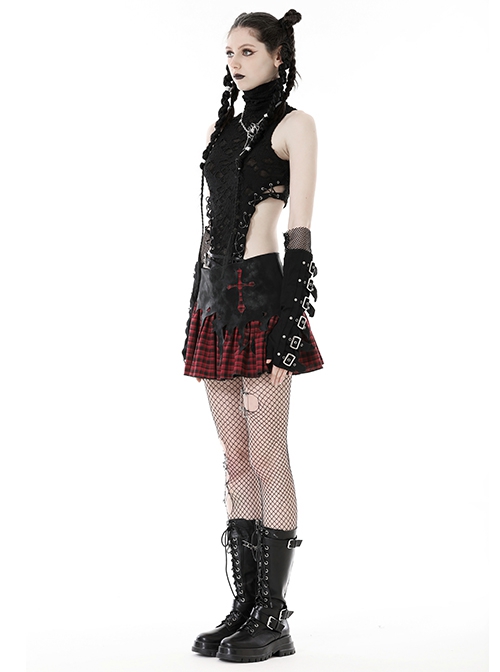 Devil's Personality Black And Red Cross Plaid Back Metal Zipper Punk Style Mini Skirt