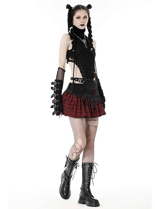 Devil's Personality Black And Red Cross Plaid Back Metal Zipper Punk Style Mini Skirt