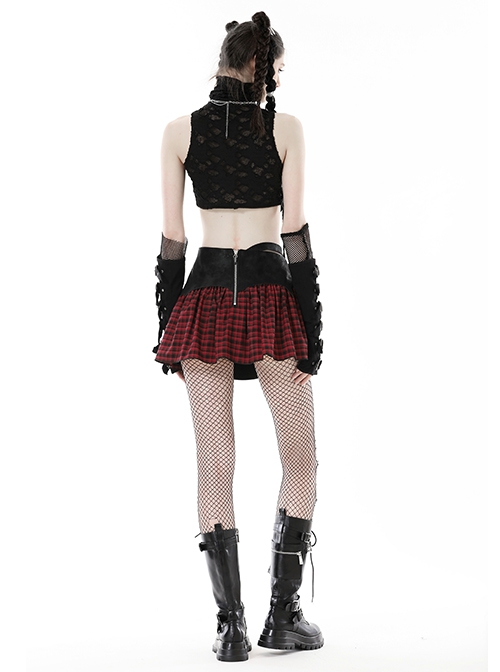 Devil's Personality Black And Red Cross Plaid Back Metal Zipper Punk Style Mini Skirt