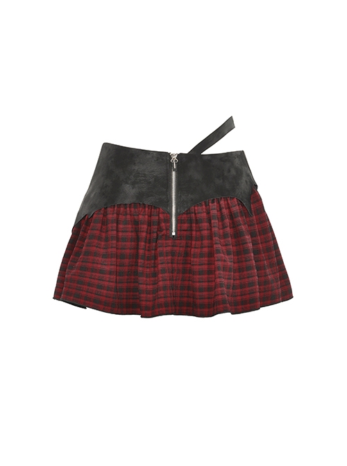 Devil's Personality Black And Red Cross Plaid Back Metal Zipper Punk Style Mini Skirt