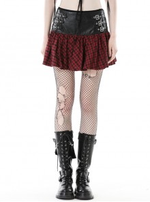Black And Red PU Leather Patchwork Grid Pattern Waist Three Breasted Eyelet Embellished Punk Style Mini Skirt