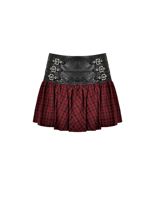 Black And Red PU Leather Patchwork Grid Pattern Waist Three Breasted Eyelet Embellished Punk Style Mini Skirt