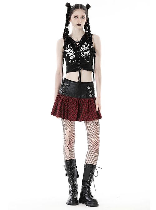Black And Red PU Leather Patchwork Grid Pattern Waist Three Breasted Eyelet Embellished Punk Style Mini Skirt