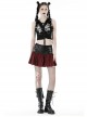 Black And Red PU Leather Patchwork Grid Pattern Waist Three Breasted Eyelet Embellished Punk Style Mini Skirt