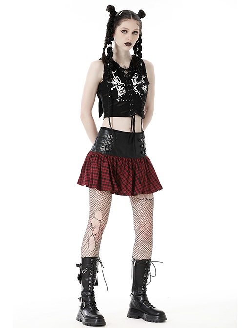Black And Red PU Leather Patchwork Grid Pattern Waist Three Breasted Eyelet Embellished Punk Style Mini Skirt