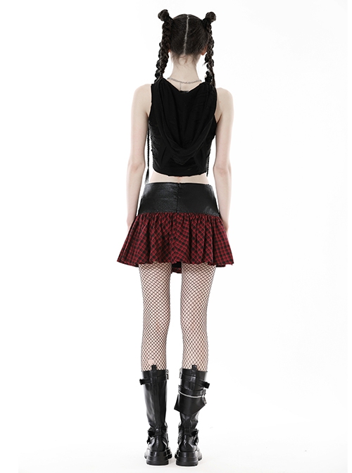 Black And Red PU Leather Patchwork Grid Pattern Waist Three Breasted Eyelet Embellished Punk Style Mini Skirt