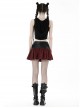 Black And Red PU Leather Patchwork Grid Pattern Waist Three Breasted Eyelet Embellished Punk Style Mini Skirt