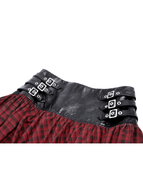 Black And Red PU Leather Patchwork Grid Pattern Waist Three Breasted Eyelet Embellished Punk Style Mini Skirt