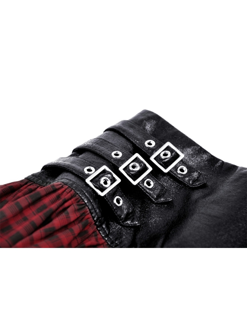 Black And Red PU Leather Patchwork Grid Pattern Waist Three Breasted Eyelet Embellished Punk Style Mini Skirt