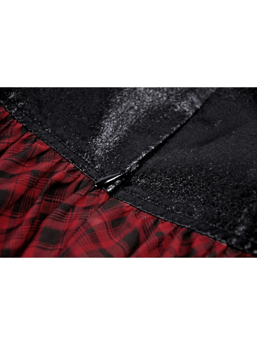 Black And Red PU Leather Patchwork Grid Pattern Waist Three Breasted Eyelet Embellished Punk Style Mini Skirt