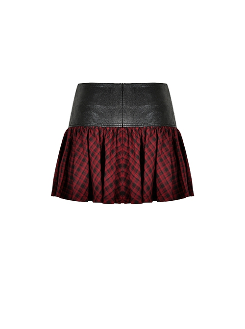 Black And Red PU Leather Patchwork Grid Pattern Waist Three Breasted Eyelet Embellished Punk Style Mini Skirt