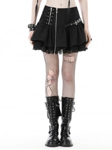 Personalized Black Asymmetrical Woven Splicing Mesh Lace Up Leather Belt With Punk Style Zipper Mini Skirt