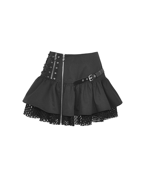 Personalized Black Asymmetrical Woven Splicing Mesh Lace Up Leather Belt With Punk Style Zipper Mini Skirt
