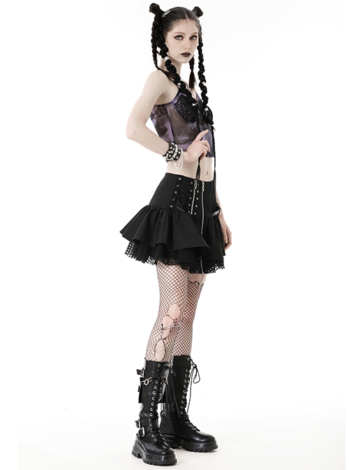 Personalized Black Asymmetrical Woven Splicing Mesh Lace Up Leather Belt With Punk Style Zipper Mini Skirt