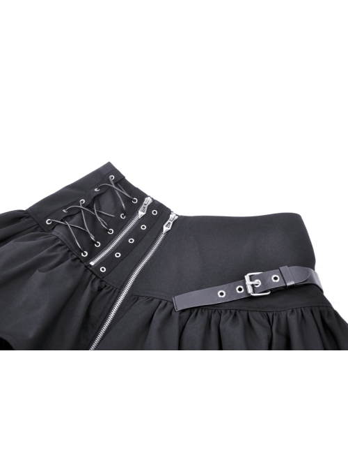 Personalized Black Asymmetrical Woven Splicing Mesh Lace Up Leather Belt With Punk Style Zipper Mini Skirt