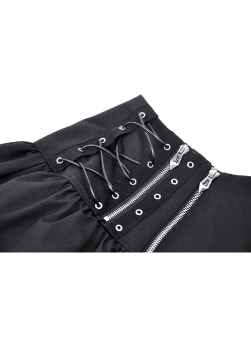 Personalized Black Asymmetrical Woven Splicing Mesh Lace Up Leather Belt With Punk Style Zipper Mini Skirt