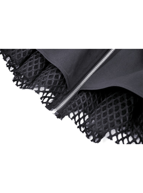 Personalized Black Asymmetrical Woven Splicing Mesh Lace Up Leather Belt With Punk Style Zipper Mini Skirt