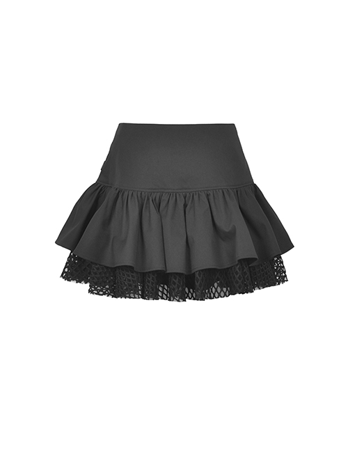 Personalized Black Asymmetrical Woven Splicing Mesh Lace Up Leather Belt With Punk Style Zipper Mini Skirt