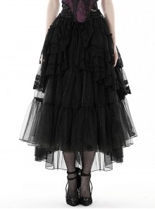 Black Personality High And Low Layered Printed Net Gauze Punk Wind Fluffy Long Skirt