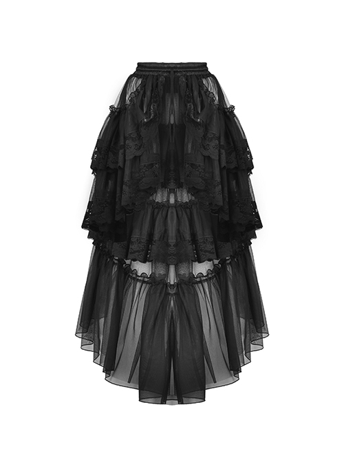 Black Personality High And Low Layered Printed Net Gauze Punk Wind Fluffy Long Skirt