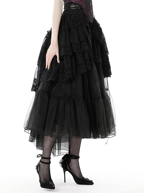 Black Personality High And Low Layered Printed Net Gauze Punk Wind Fluffy Long Skirt