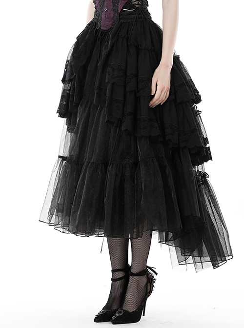Black Personality High And Low Layered Printed Net Gauze Punk Wind Fluffy Long Skirt