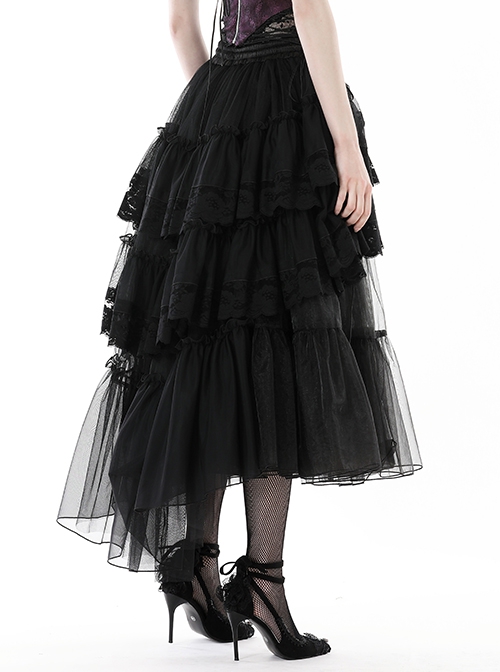 Black Personality High And Low Layered Printed Net Gauze Punk Wind Fluffy Long Skirt