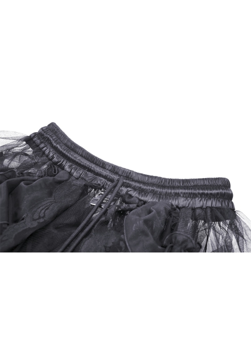 Black Personality High And Low Layered Printed Net Gauze Punk Wind Fluffy Long Skirt