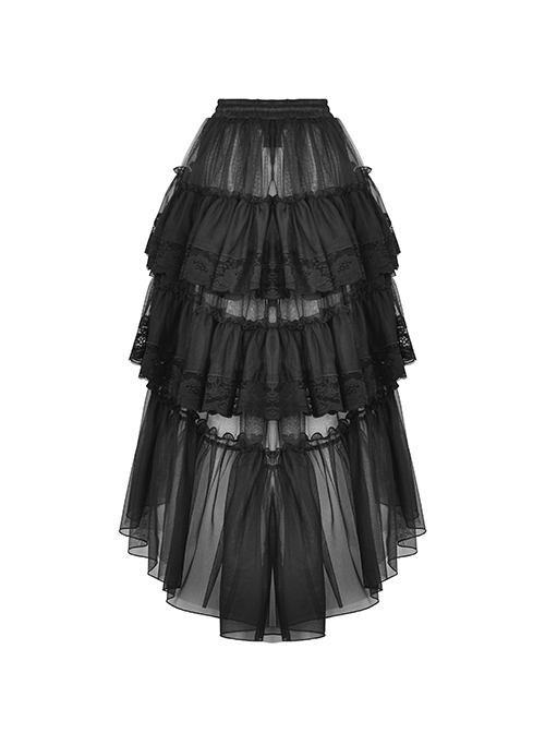 Black Personality High And Low Layered Printed Net Gauze Punk Wind Fluffy Long Skirt